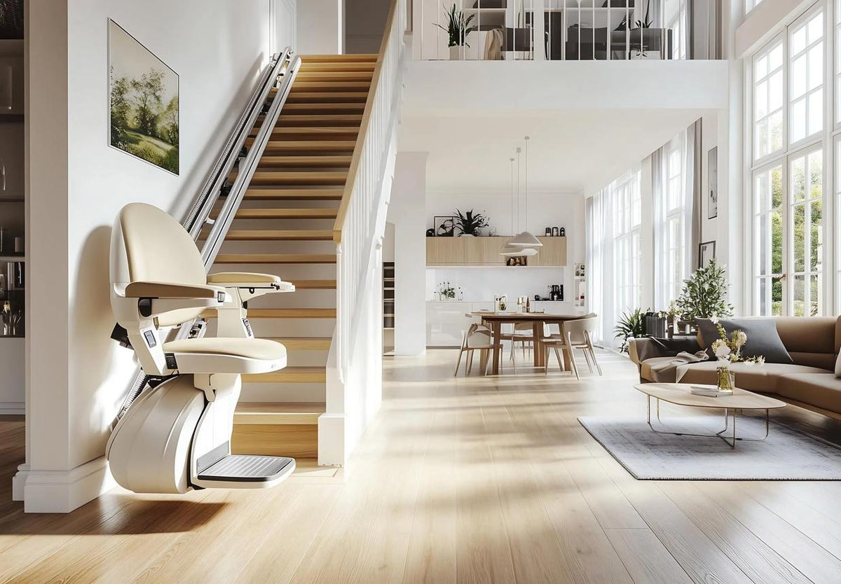 Moderner gerader Treppenlift in einem stilvollen Zuhause